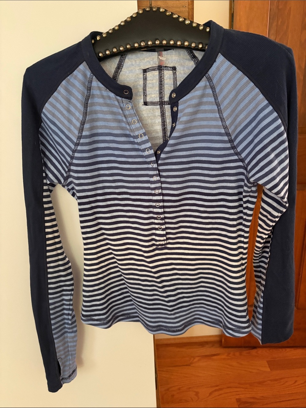 Free People Navy & White Striped Henley Raglan Long Sleeve Top